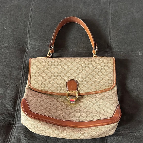Celine Handbags - Vintage Celine Beige Canvas and Brown Leather Satchel